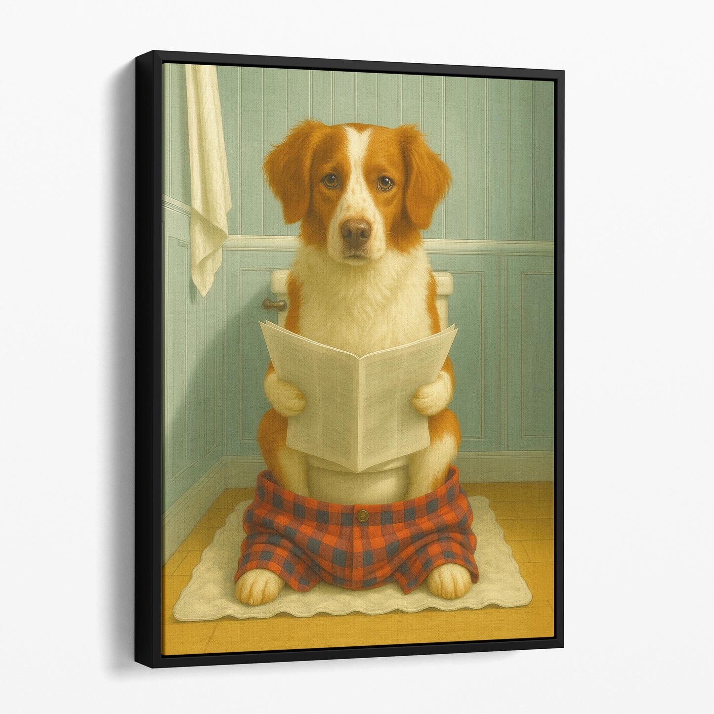 Brittany Dog Reading The Newspaper On The Toilet