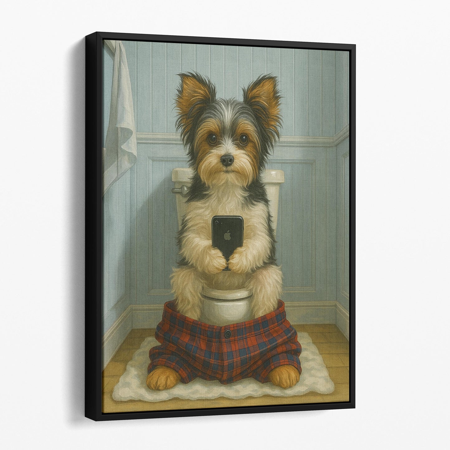 Biewer Terrier Dog On The Phone On The Toilet