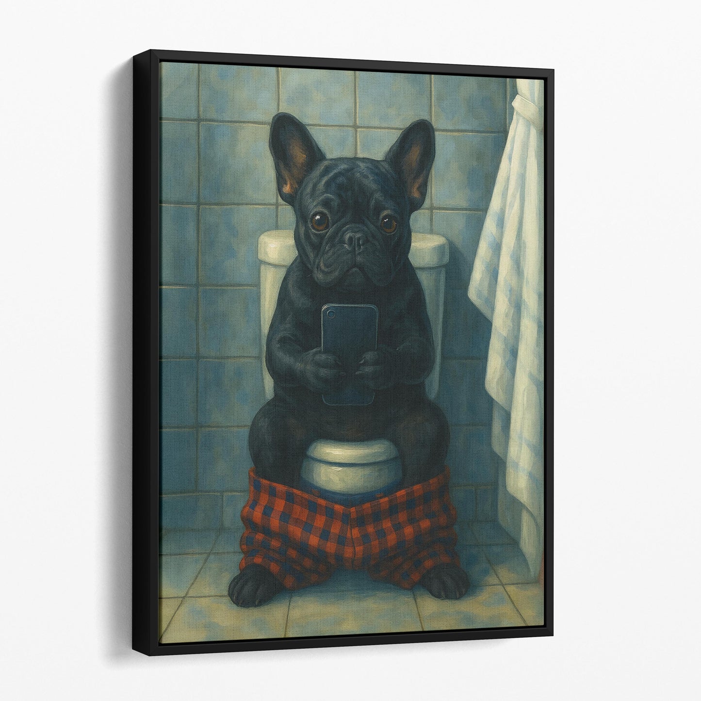 French Bulldog On The Phone On The Toilet