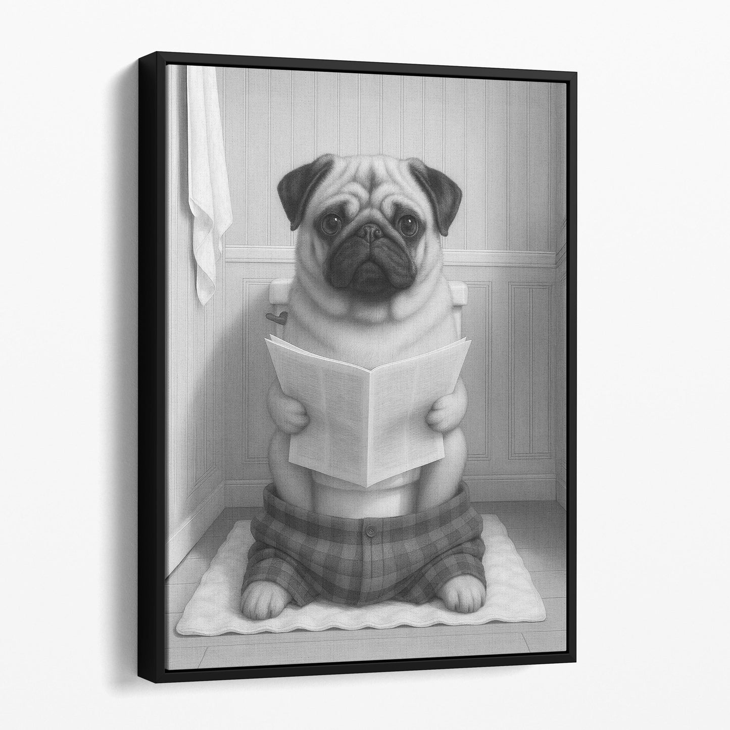 Pug Dog Reading The Newspaper On The Toilet