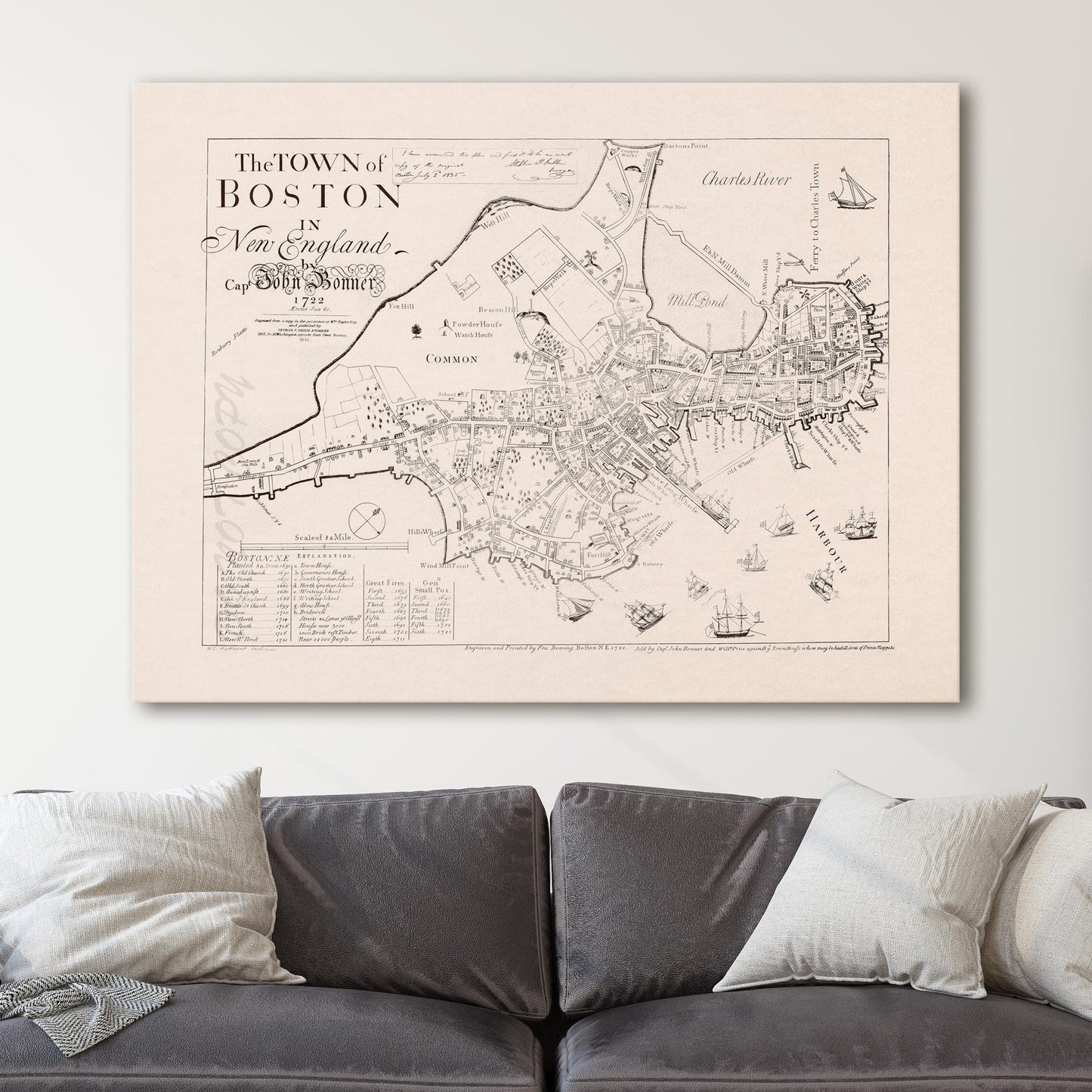 Old Map of Boston Massachusetts Bird's Eye View