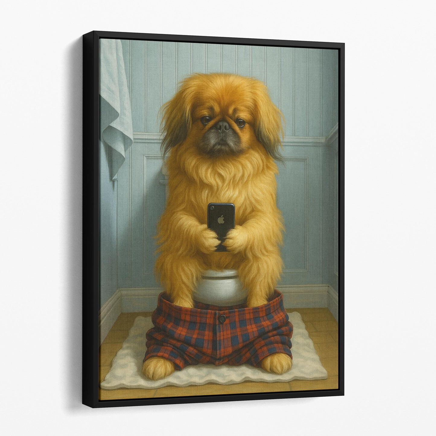 Pekingese Dog On The Phone On The Toilet