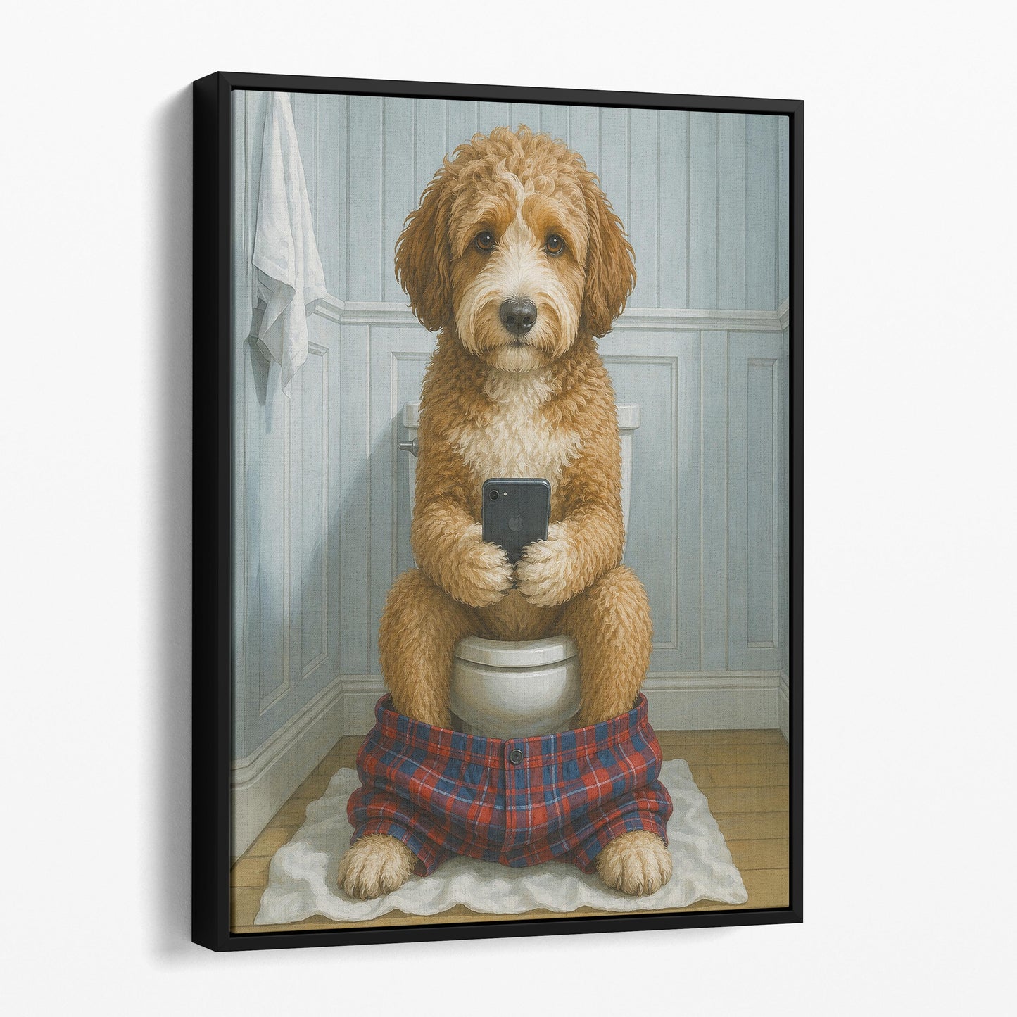 Aussie Doodle Dog On The Phone On The Toilet