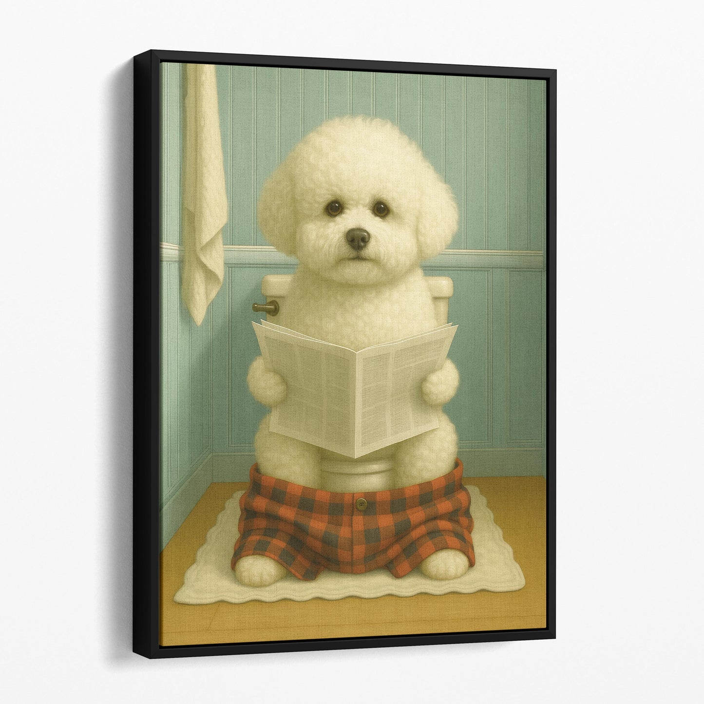 Bichon Frise Dog Reading The Newspaper On The Toilet