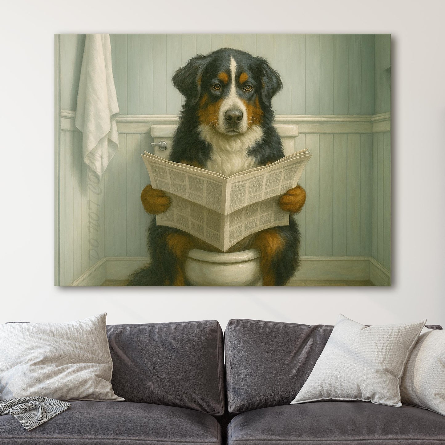 Bernese Mountain Dog Reading The Newspaper On The Toilet