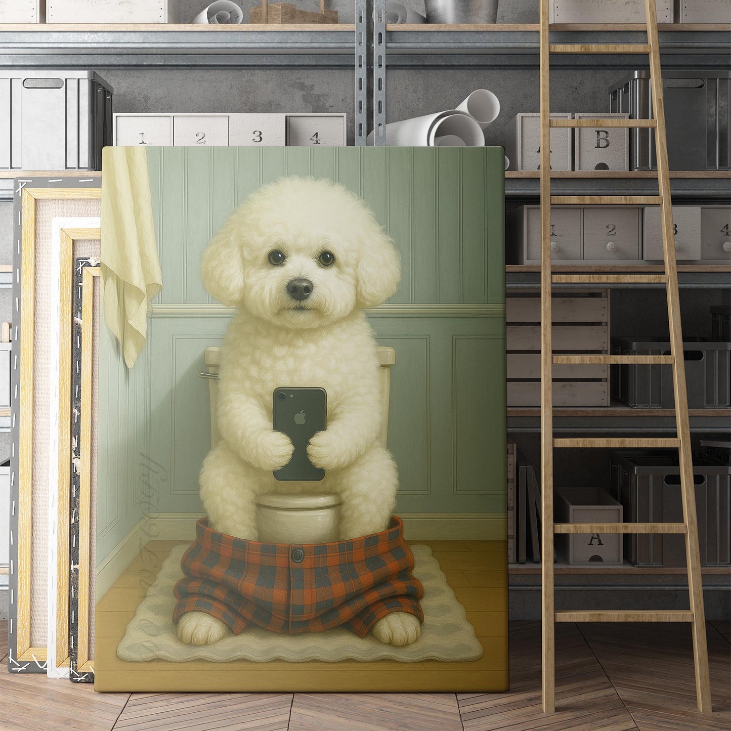 Bichon Frise Dog On The Phone On The Toilet