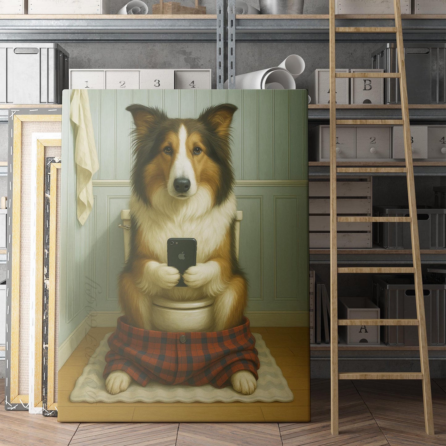 Collie Dog On The Phone On The Toilet
