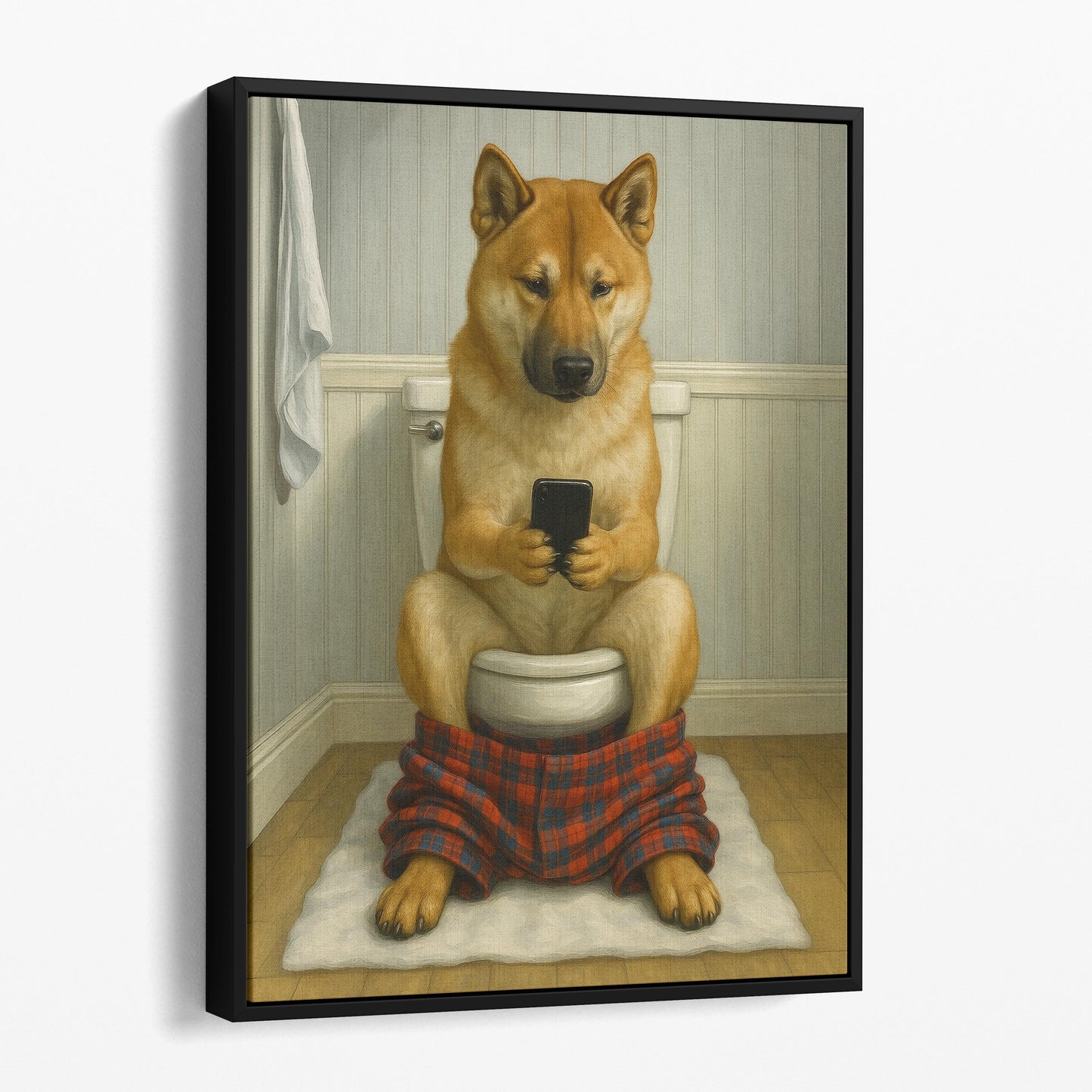 Akita Dog On The Phone On The Toilet