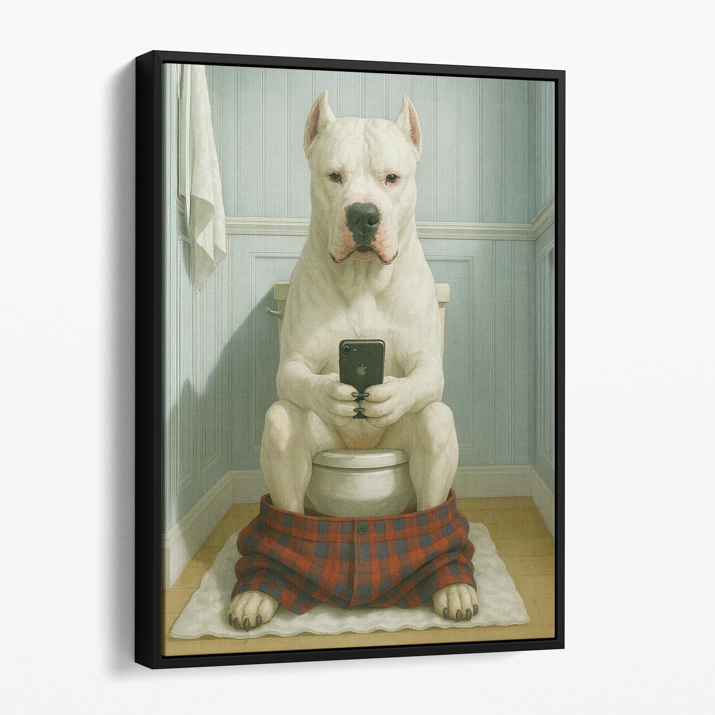 Dogo Argentino Dog On The Phone On The Toilet