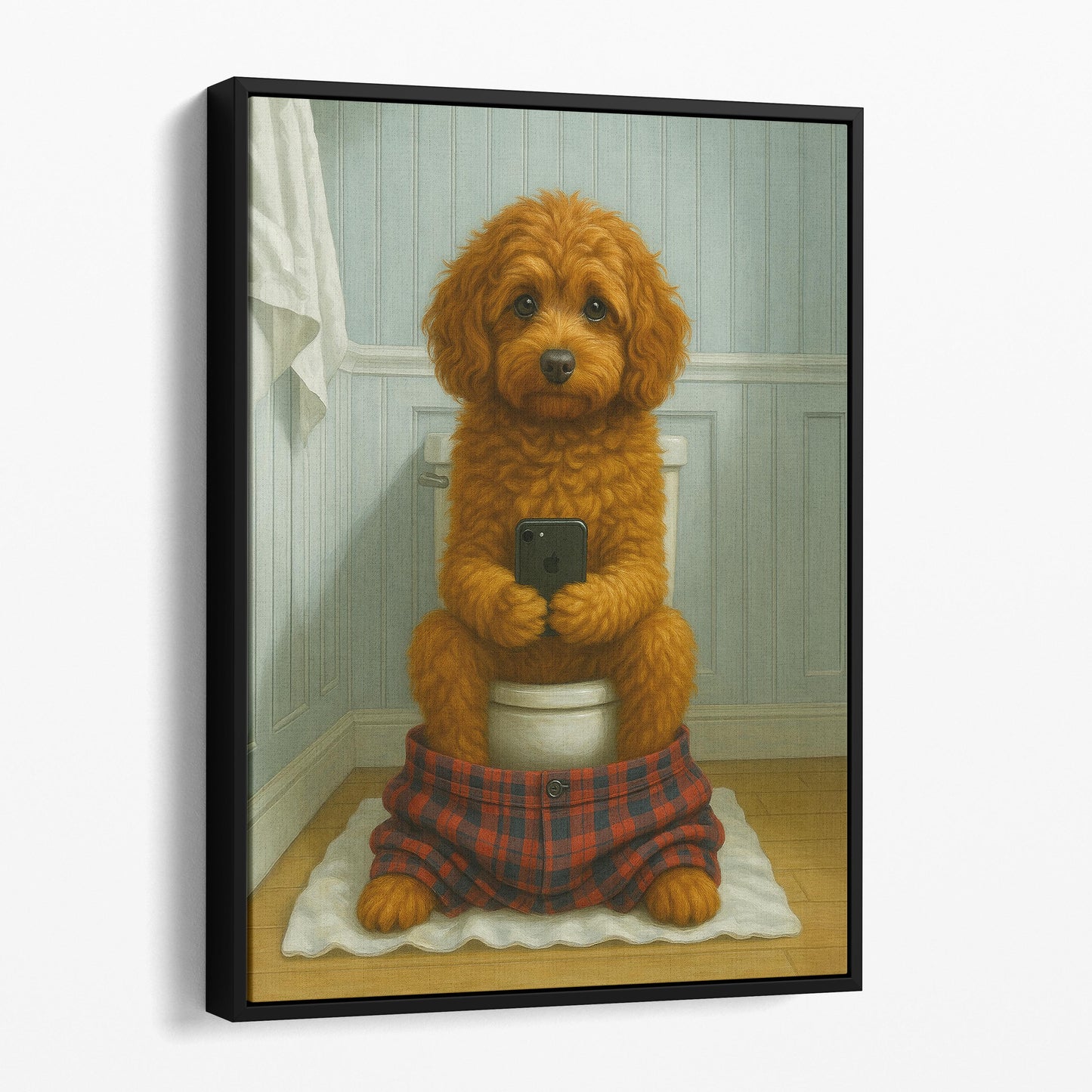 Cavapoo Dog On The Phone On The Toilet