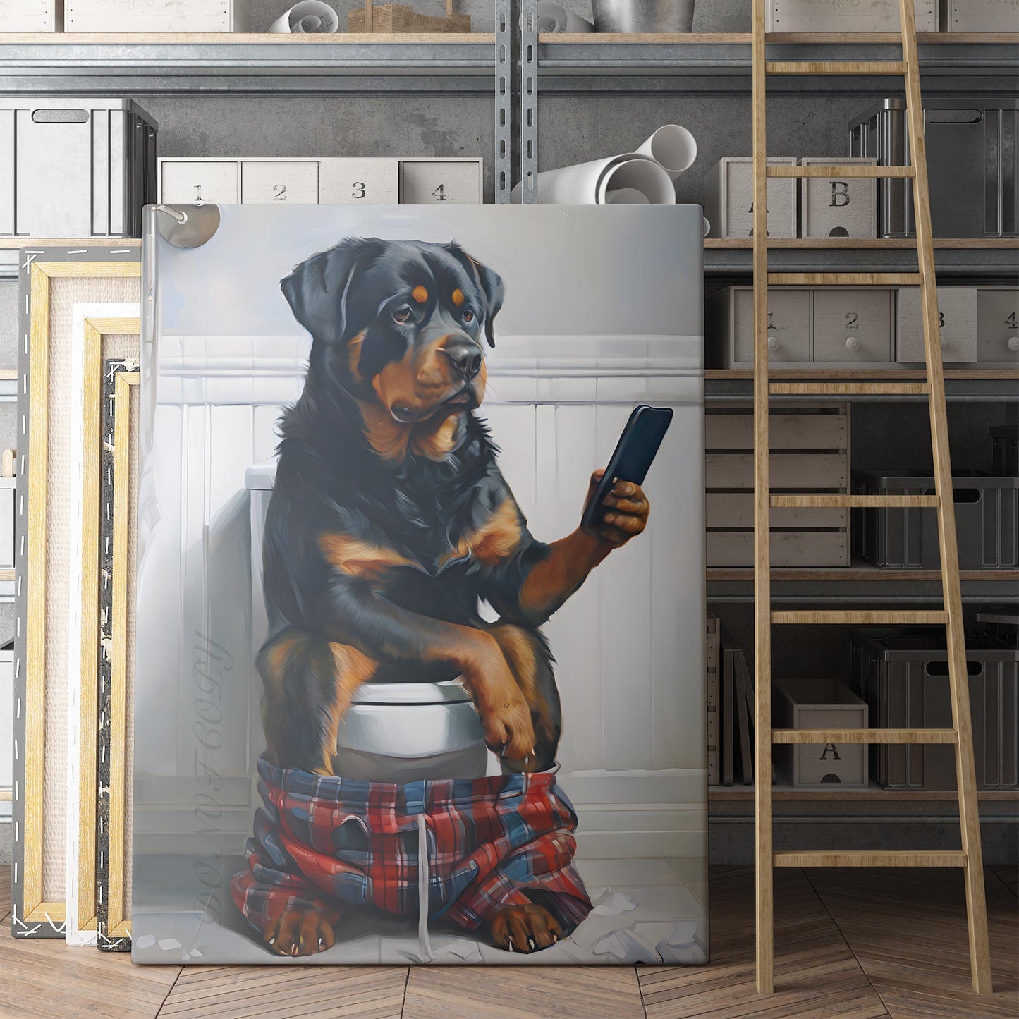 Rottweiler On The Phone On The Toilet