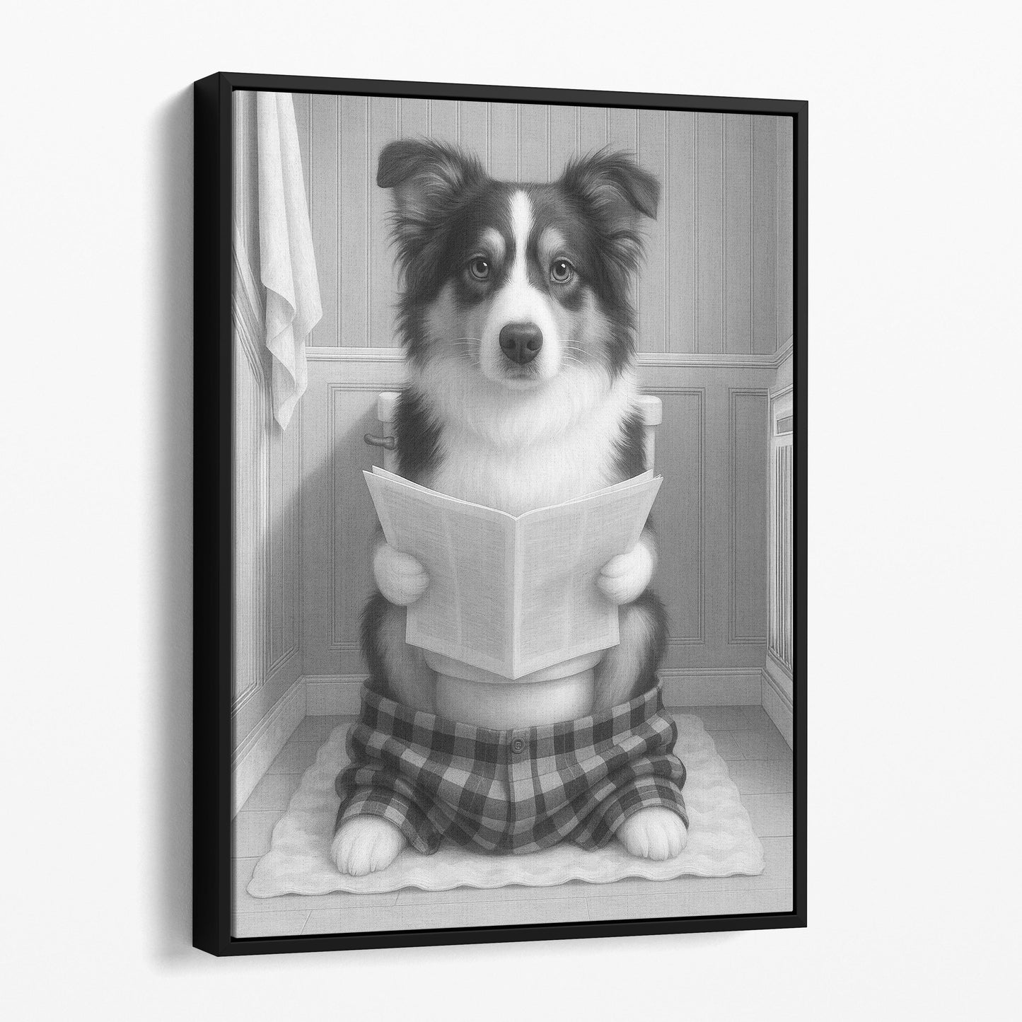 Australian Shepherd Dog Reading The Newspaper On The Toilet