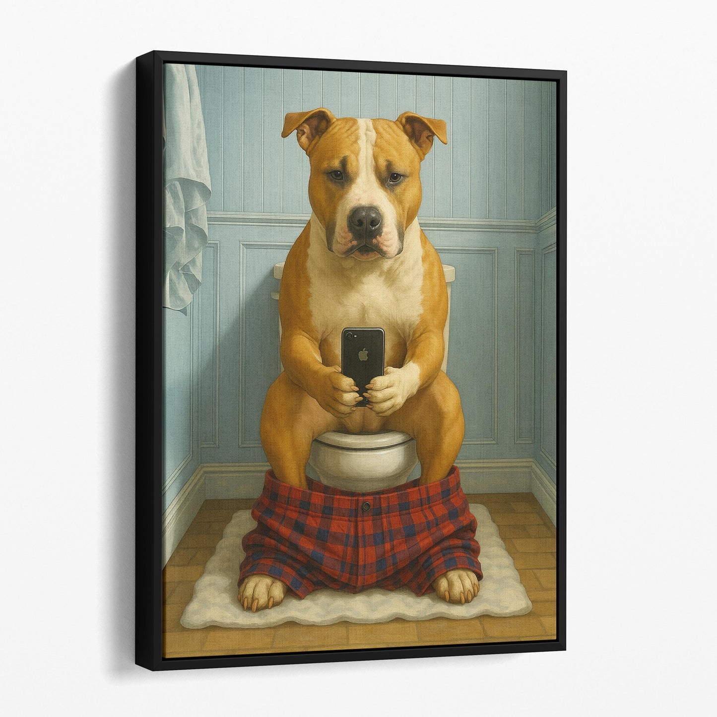 American Staffordshire Terrier Dog On The Phone On The Toilet