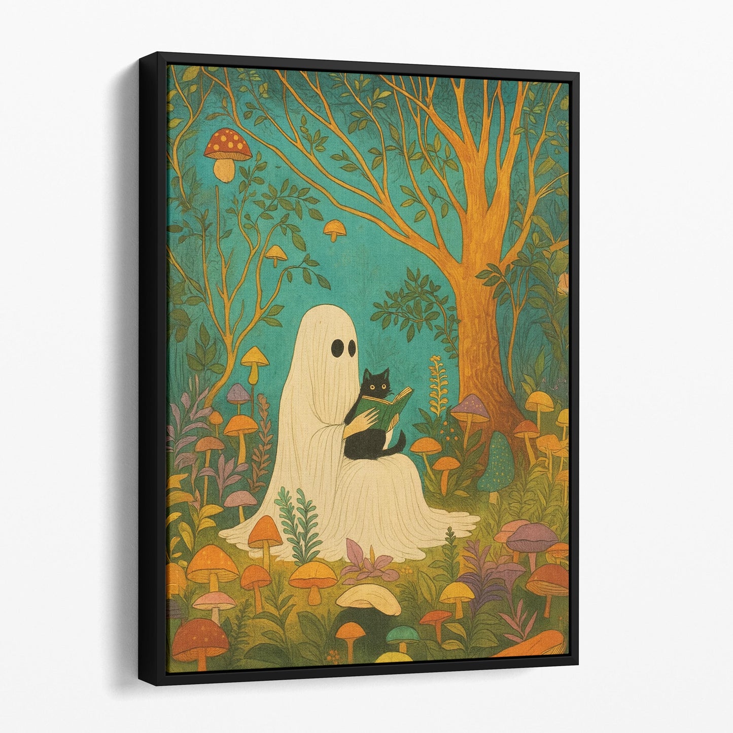 Ghost Reading With A Black Cat In A Mushroom Forest