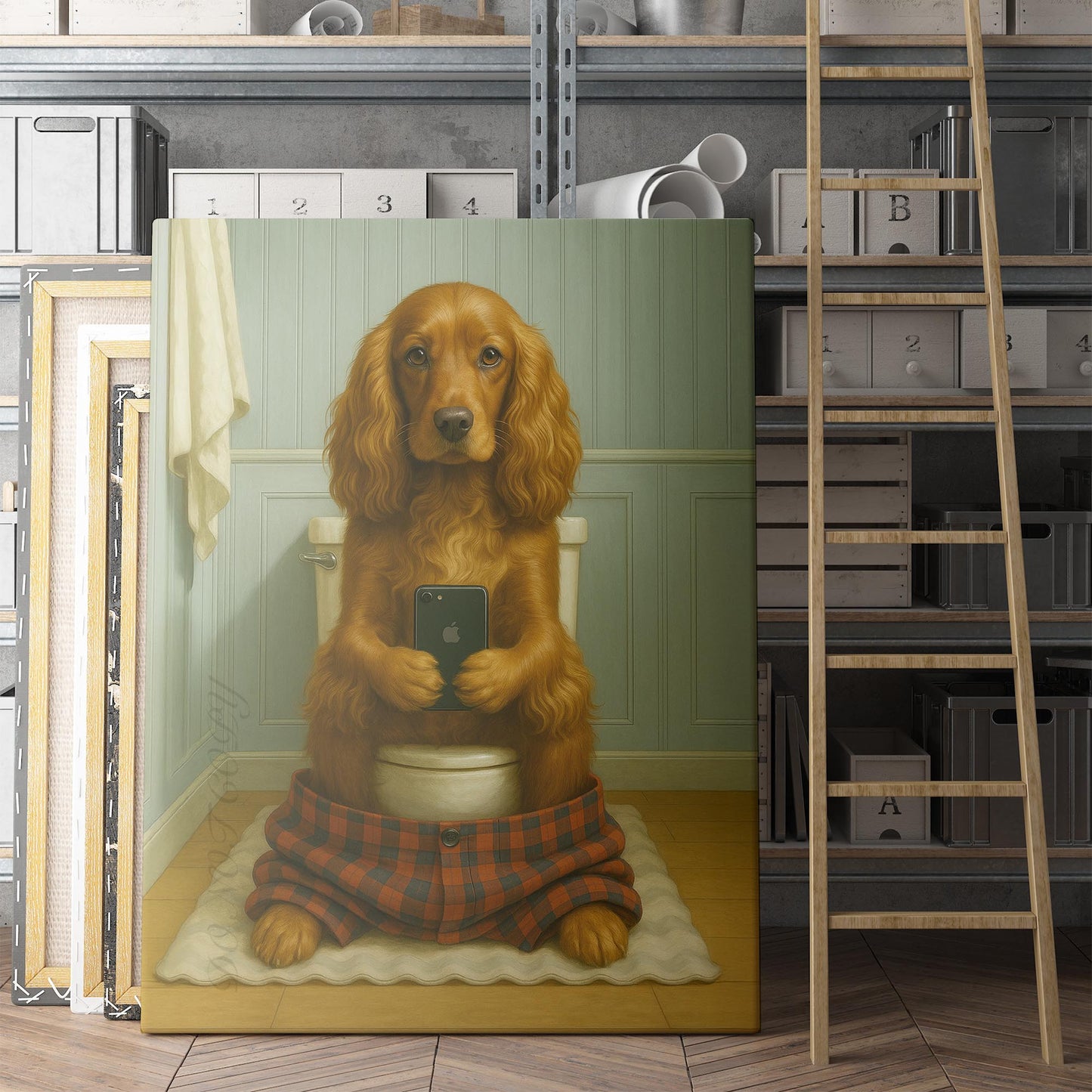 English Cocker Spaniel Dog On The Phone On The Toilet