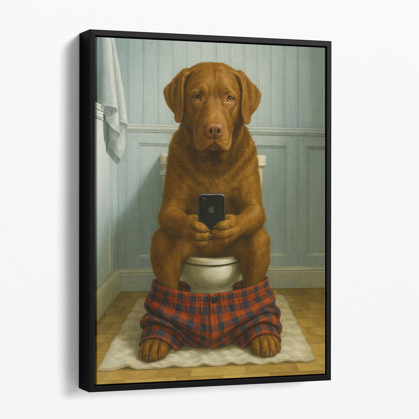 Chesapeake Bay Retriever Dog On The Phone On The Toilet