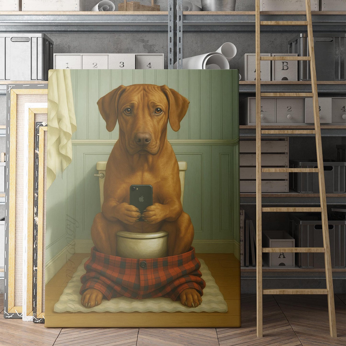 Rhodesian Ridgeback Dog On The Phone On The Toilet