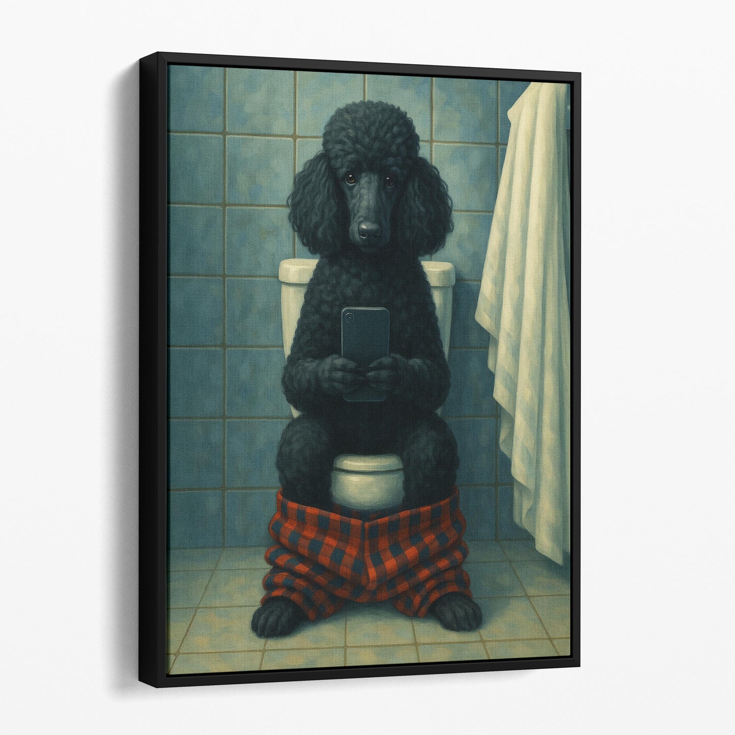 Black Poodle Dog On The Phone On The Toilet