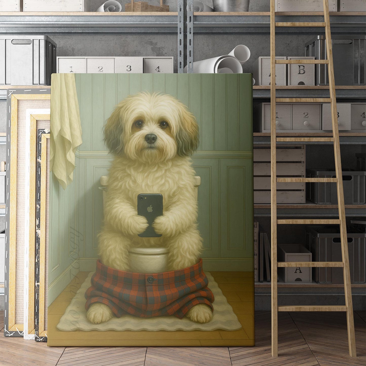 Havanese Dog On The Phone On The Toilet