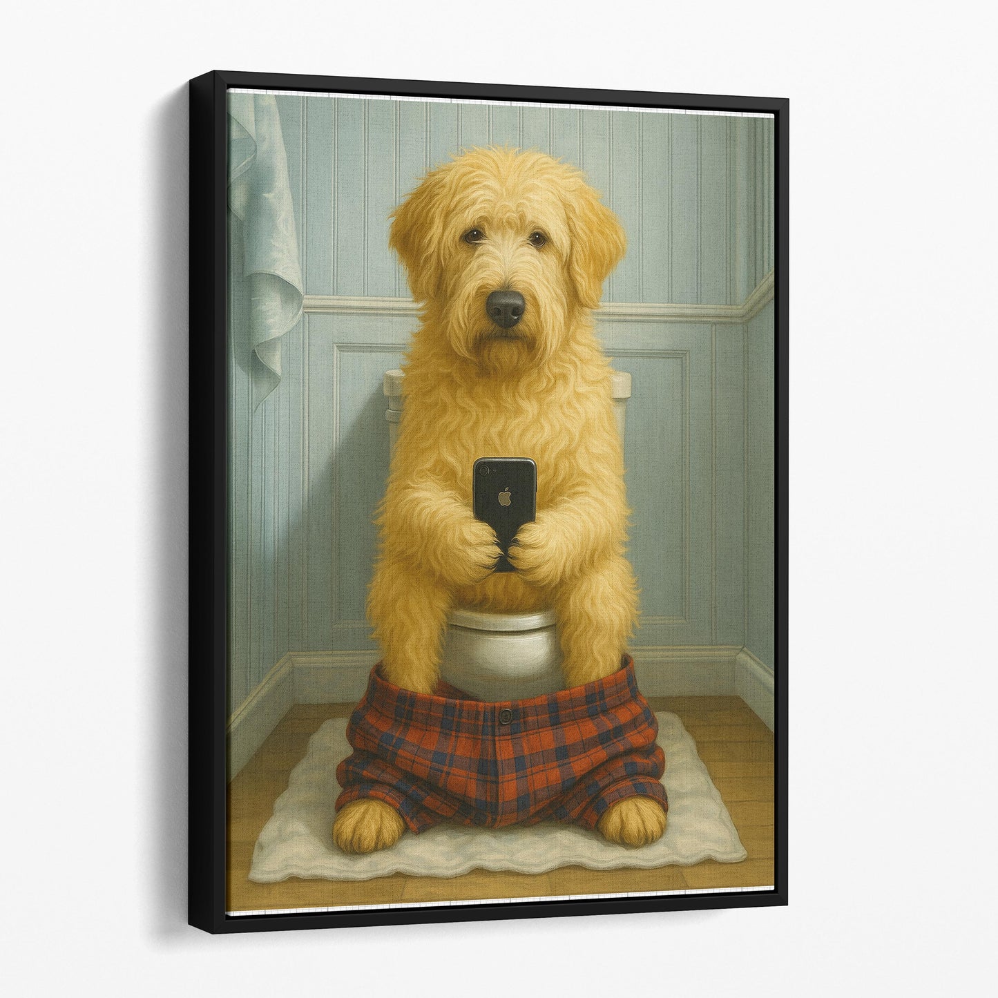 Soft Coated Wheaten Terrier Dog On The Phone On The Toilet