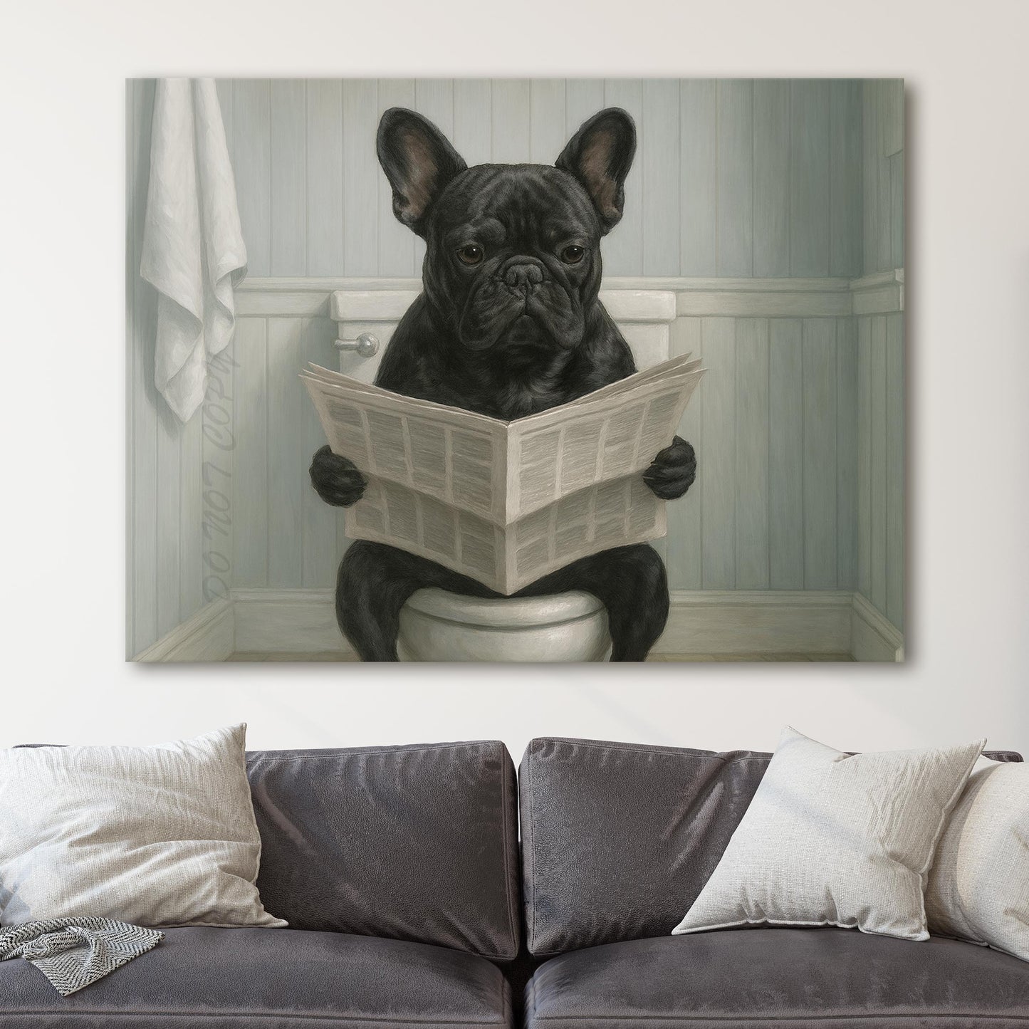French Bulldog Reading The Newspaper On The Toilet