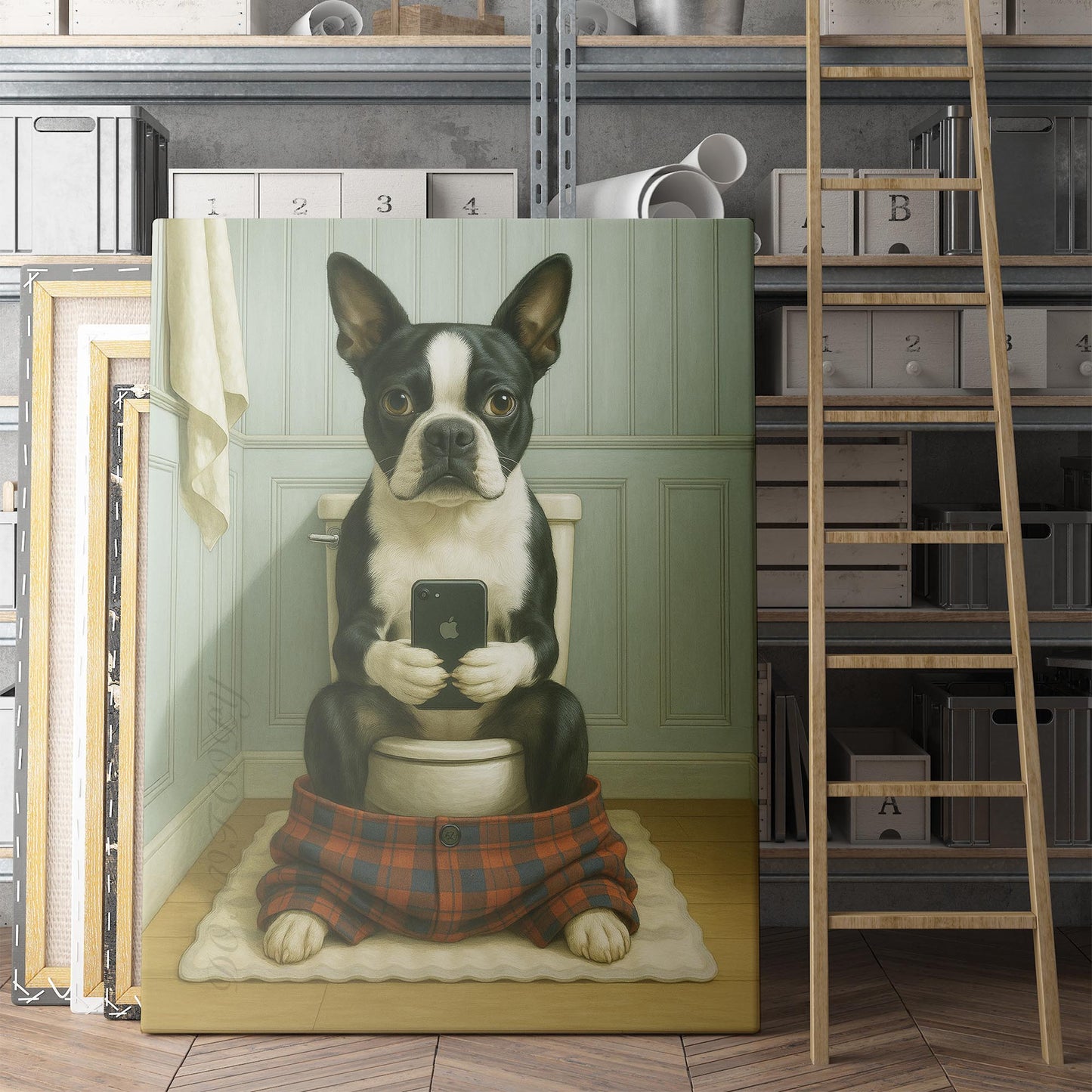 Boston Terrier Dog On The Phone On The Toilet