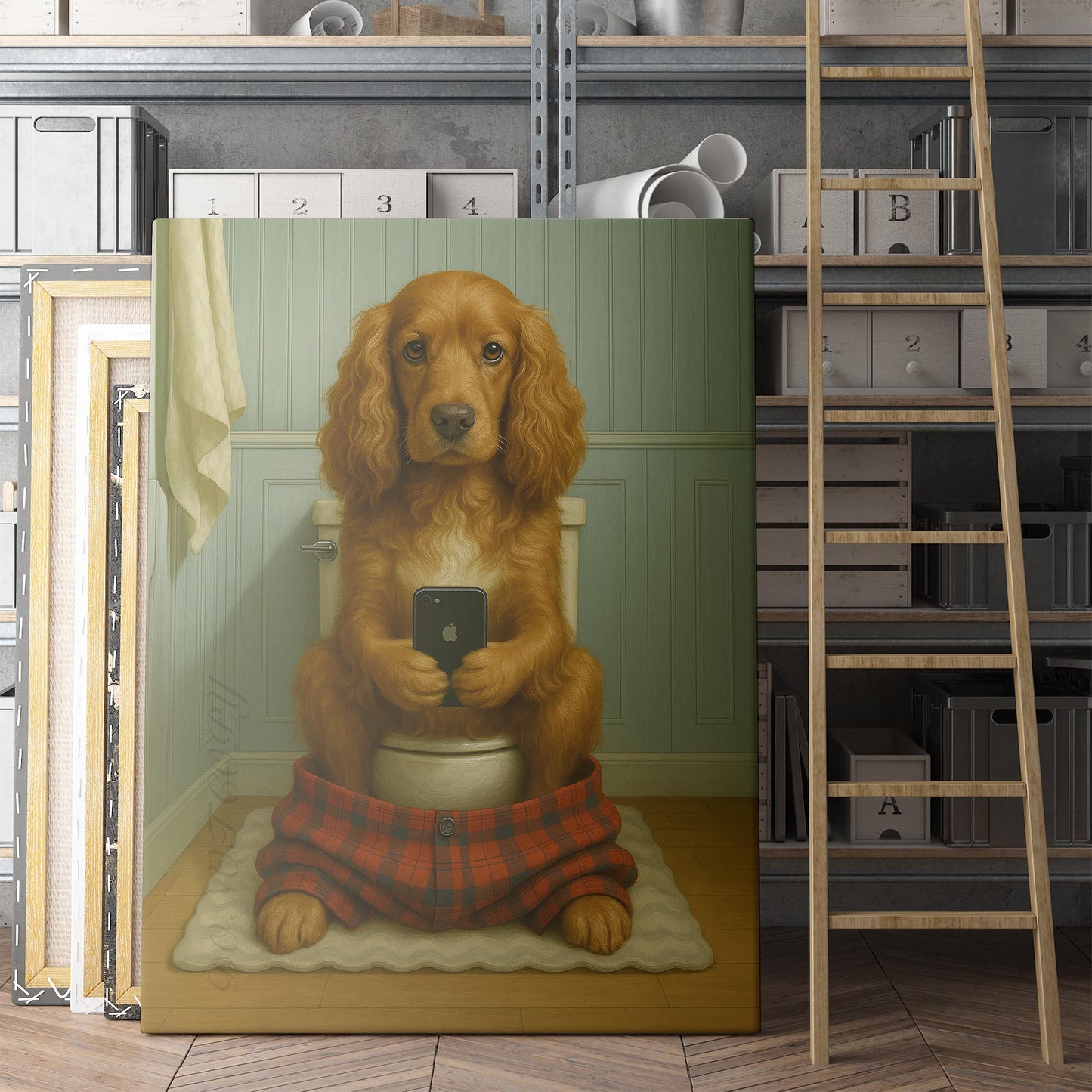 Cocker Spaniel Dog On The Phone On The Toilet