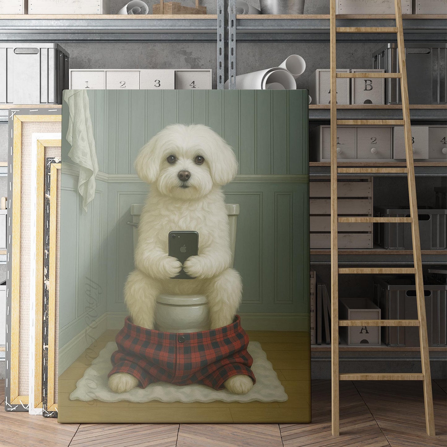 Maltese Dog On The Phone On The Toilet