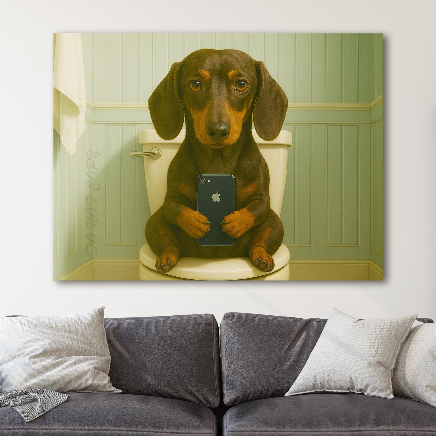 Dachshund Dog On The Phone On The Toilet