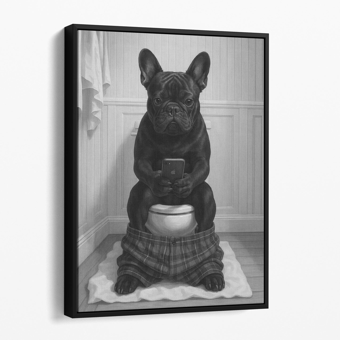 French Bulldog On The Phone On The Toilet