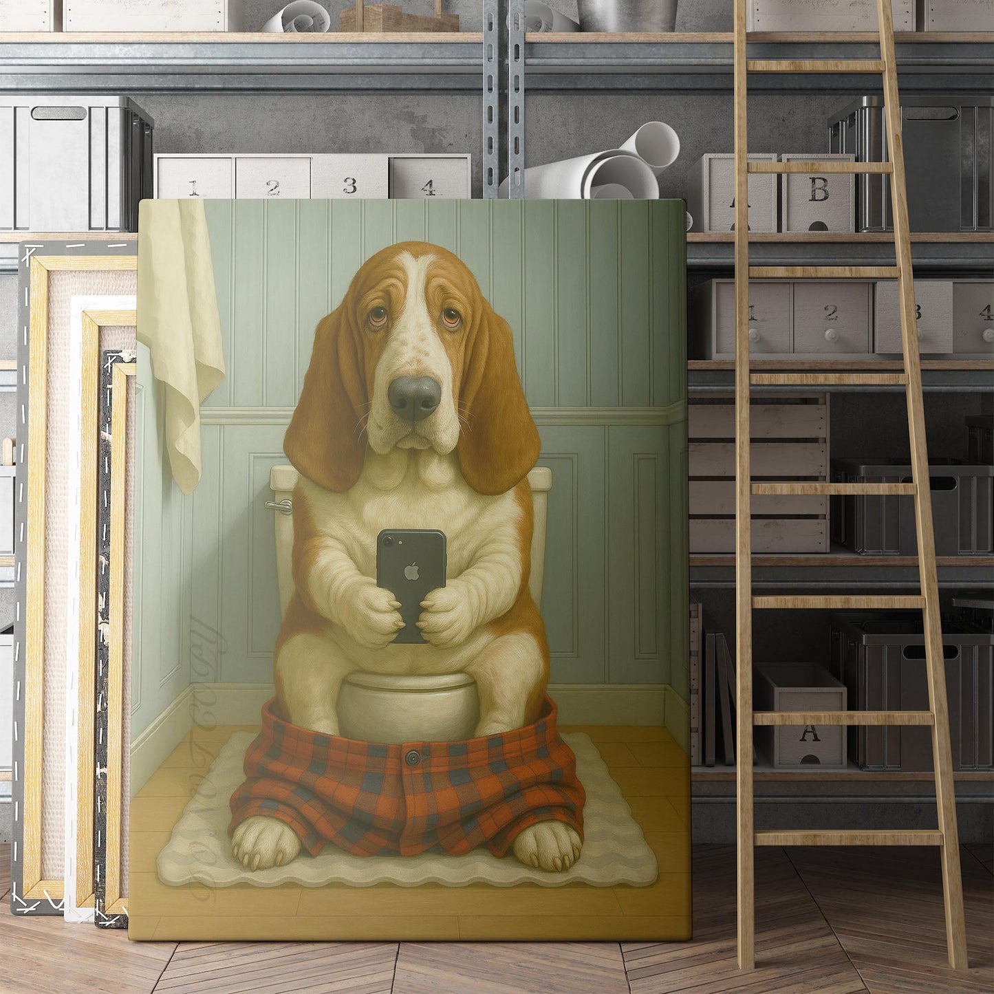 Basset Hound Dog On The Phone On The Toilet