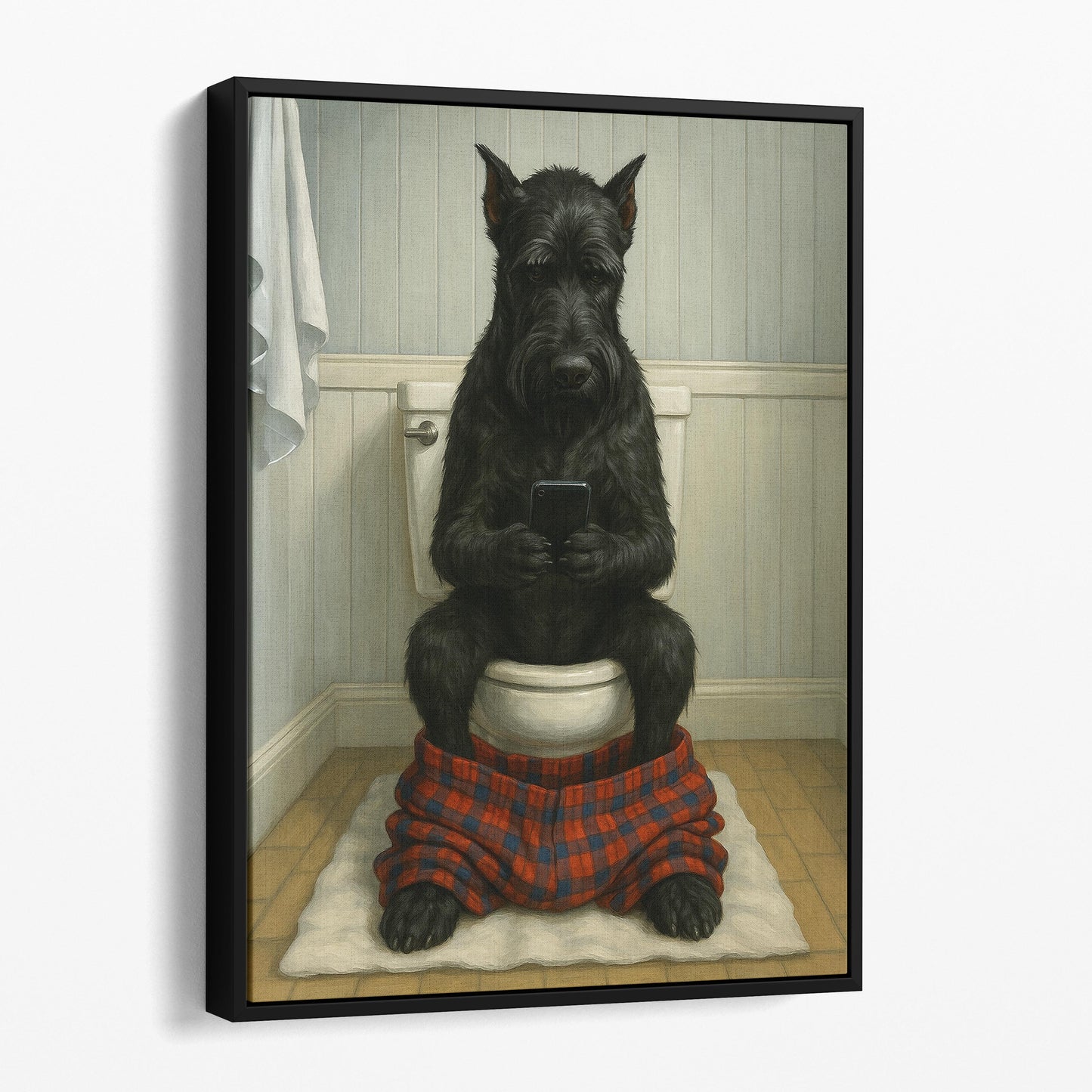 Giant Schnauzer Dog On The Phone On The Toilet