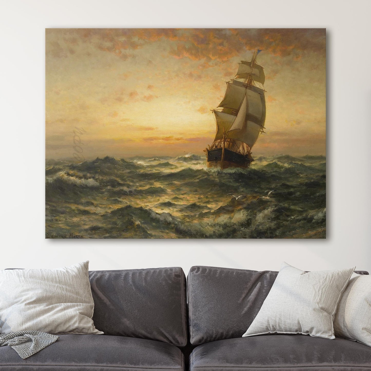 Ship at Sea, Sunset by Edward Moran