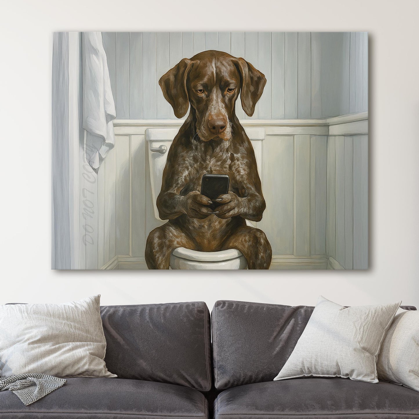 German Shorthaired Pointer Dog On The Phone On The Toilet