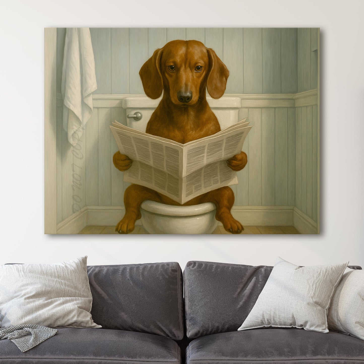 Dachshund Dog Reading The Newspaper On The Toilet
