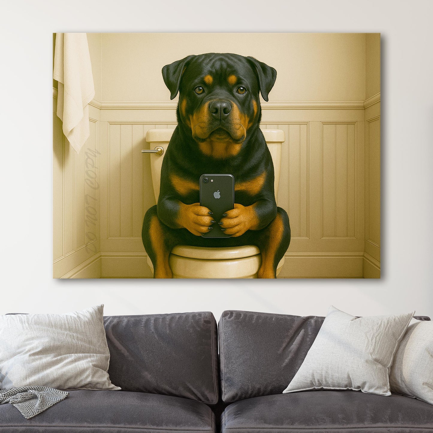 Rottweiler Dog On The Phone On The Toilet