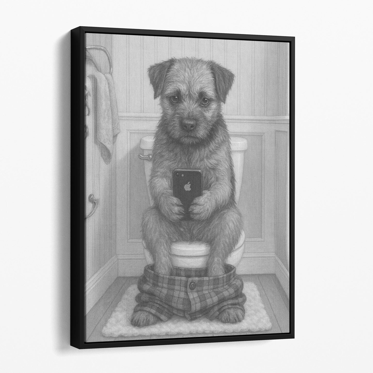 Border Terrier Dog On The Phone On The Toilet