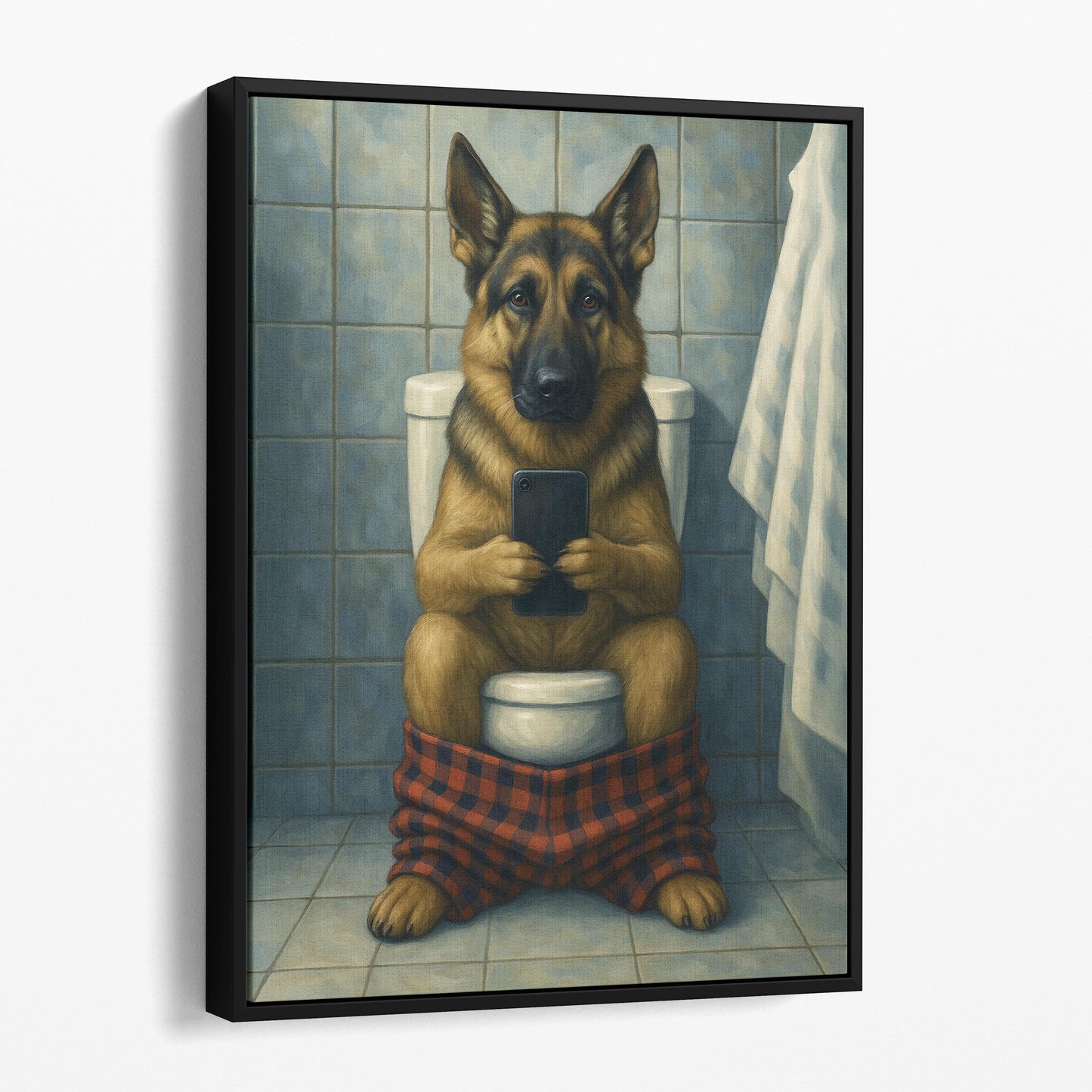 German Shepherd On The Phone On The Toilet