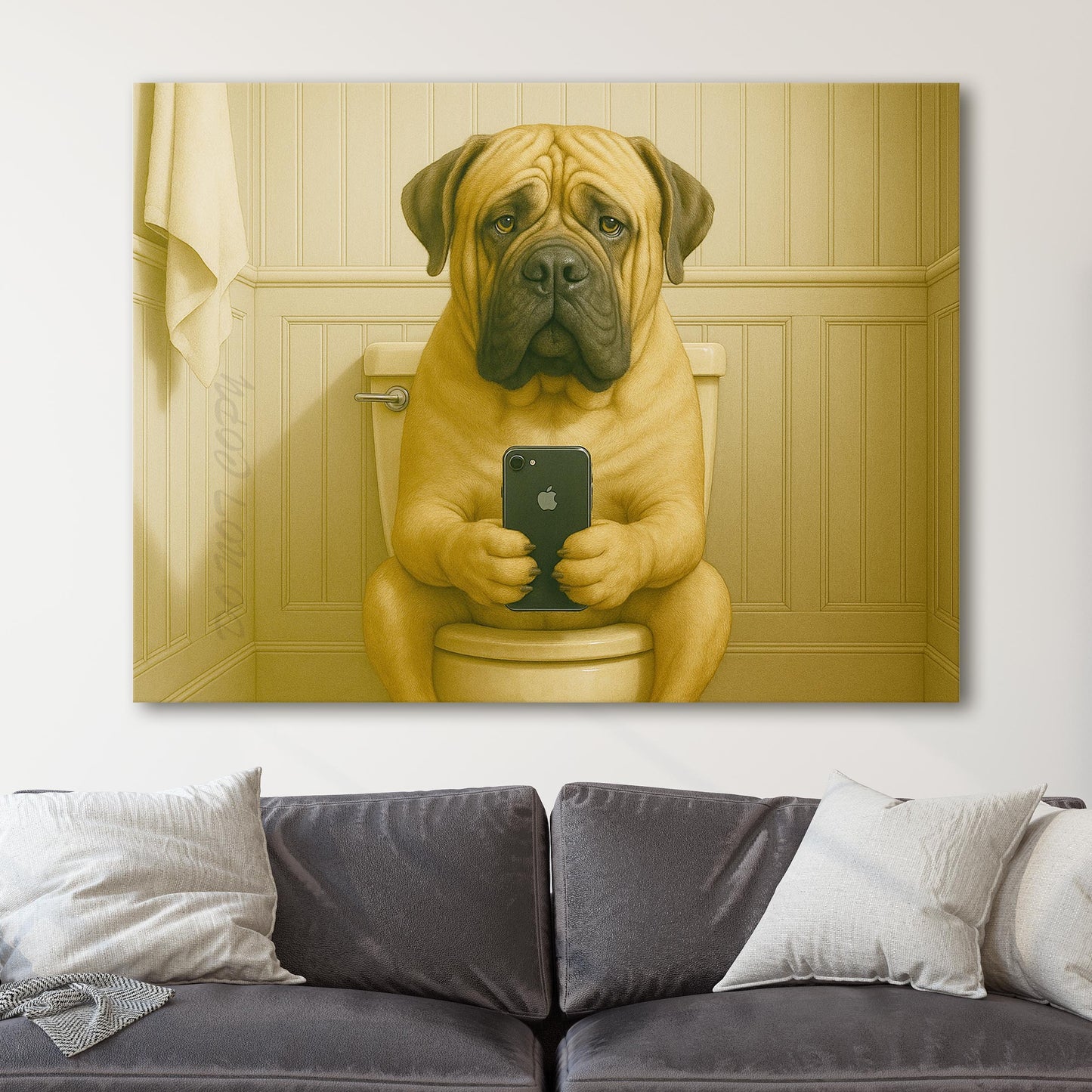 Mastiff Dog On The Phone On The Toilet