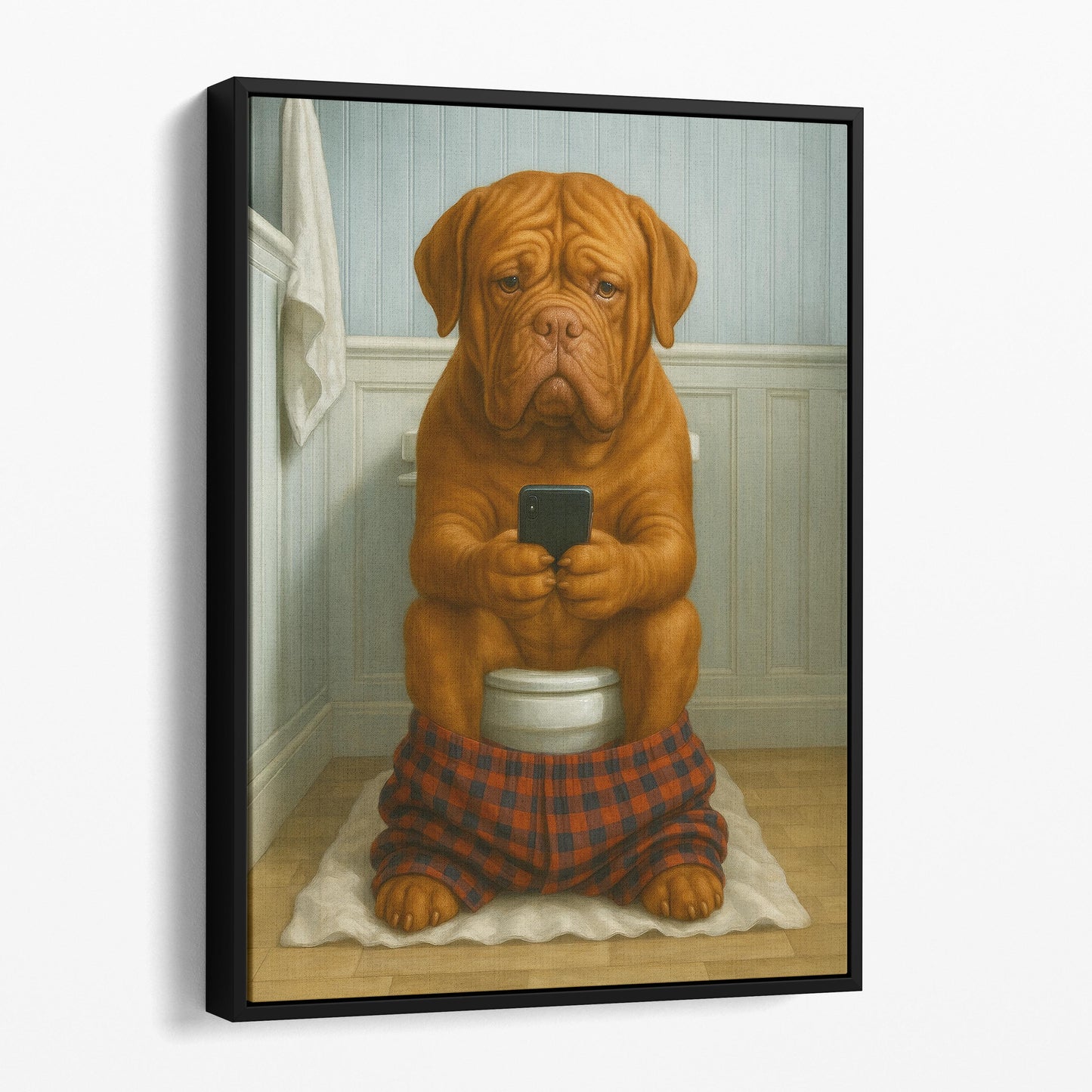 Dogue de Bordeaux Dog On The Phone On The Toilet