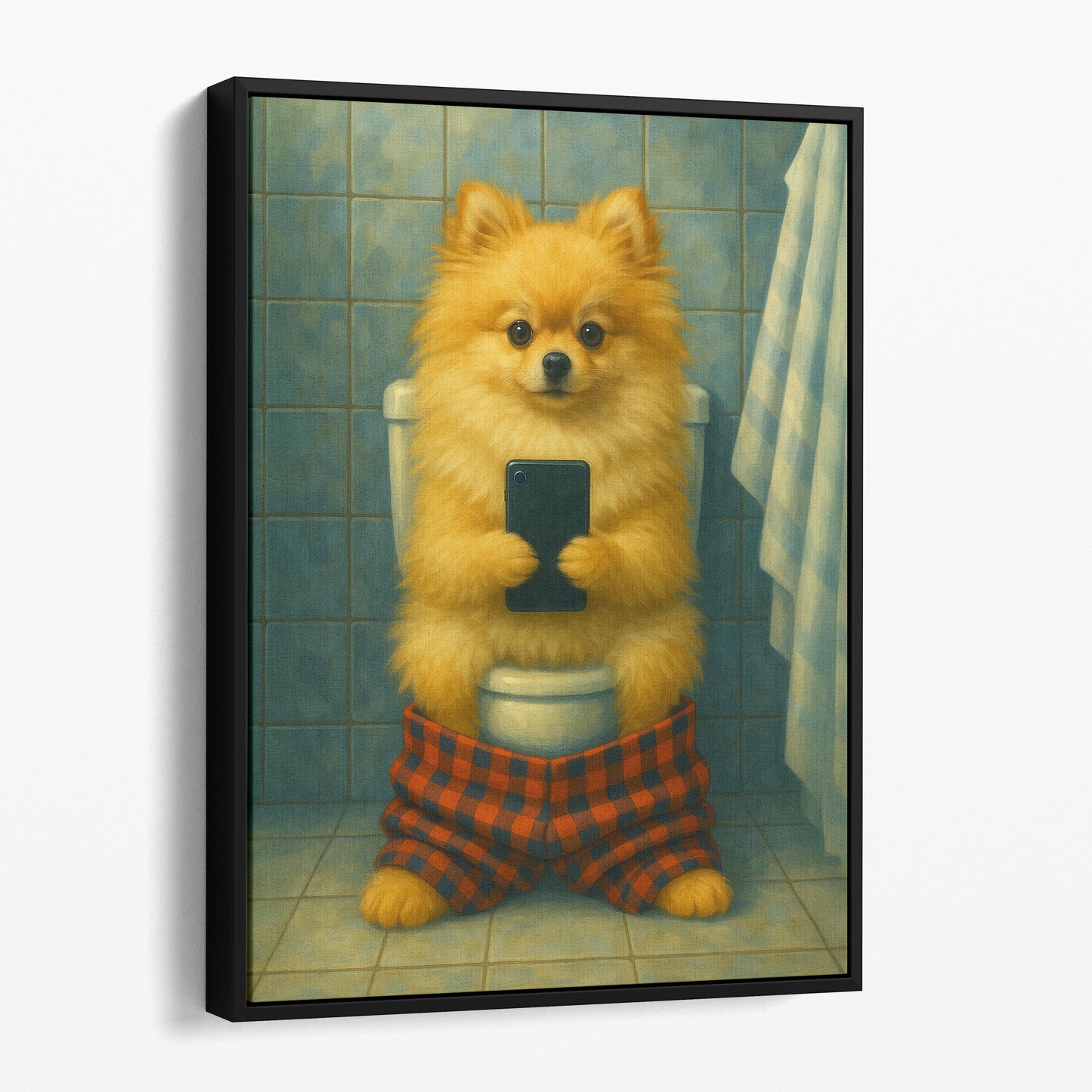 Pomeranian On The Phone On The Toilet