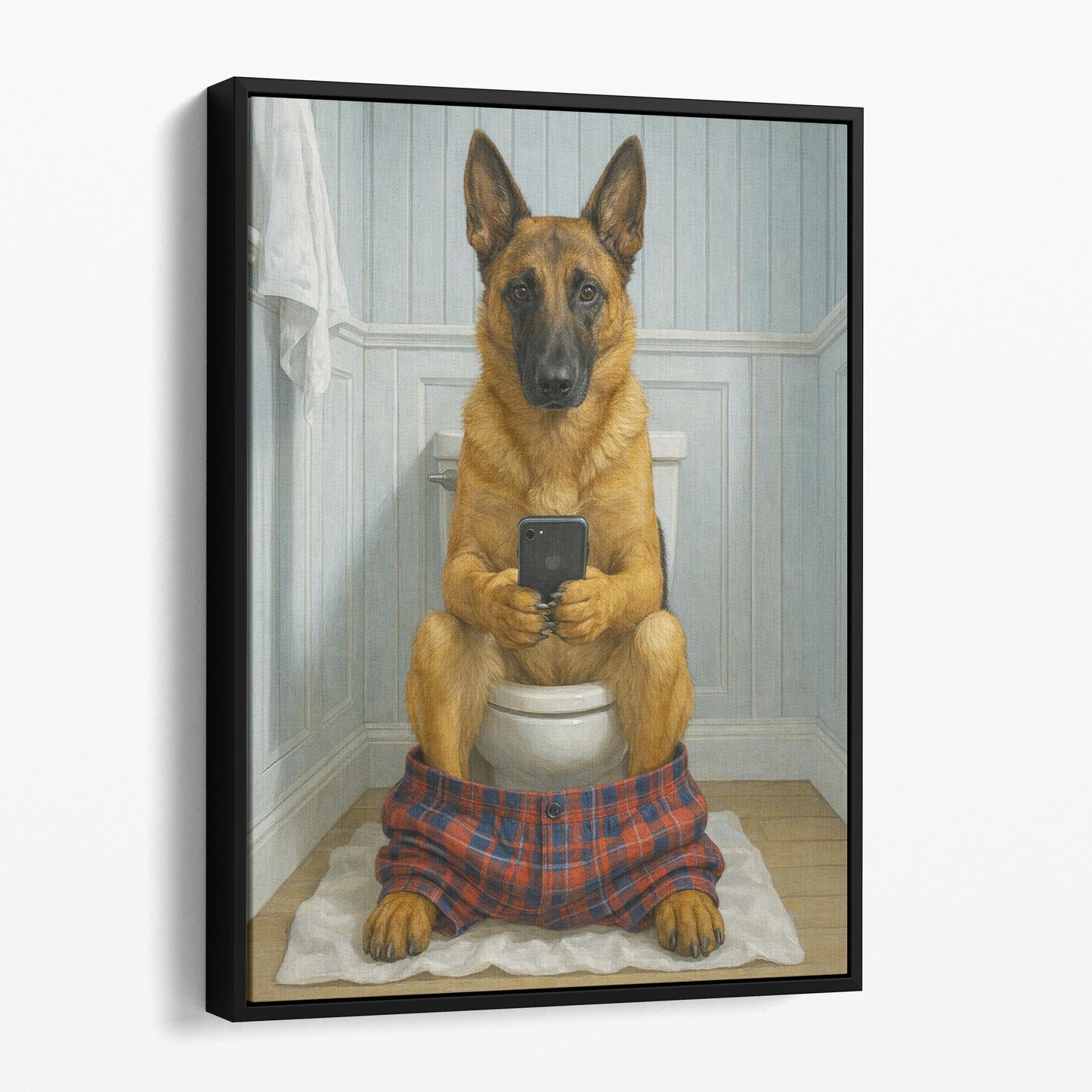 Belgian Malinois Dog On The Phone On The Toilet