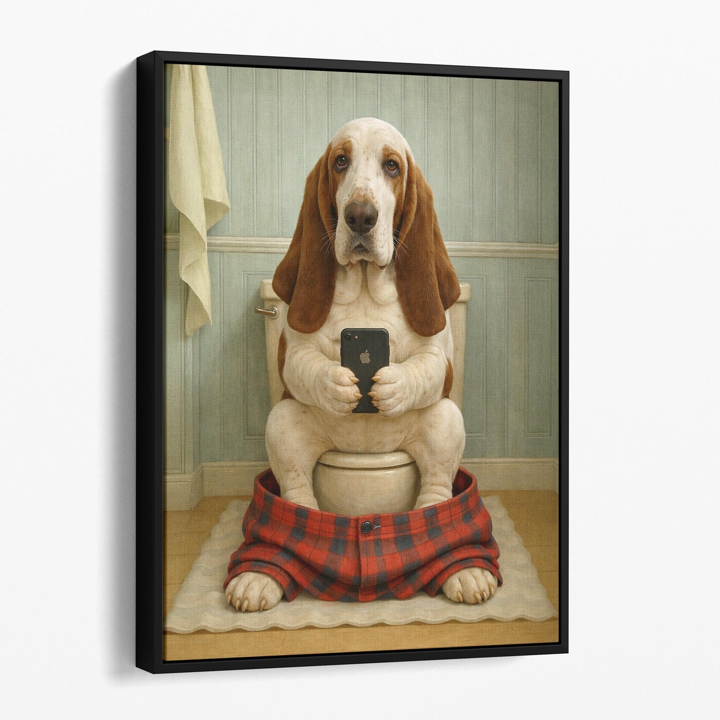 Basset Hound On The Phone On The Toilet