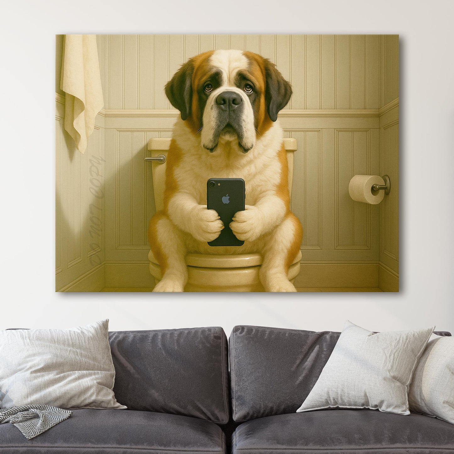 St. Bernard Dog On The Phone On The Toilet