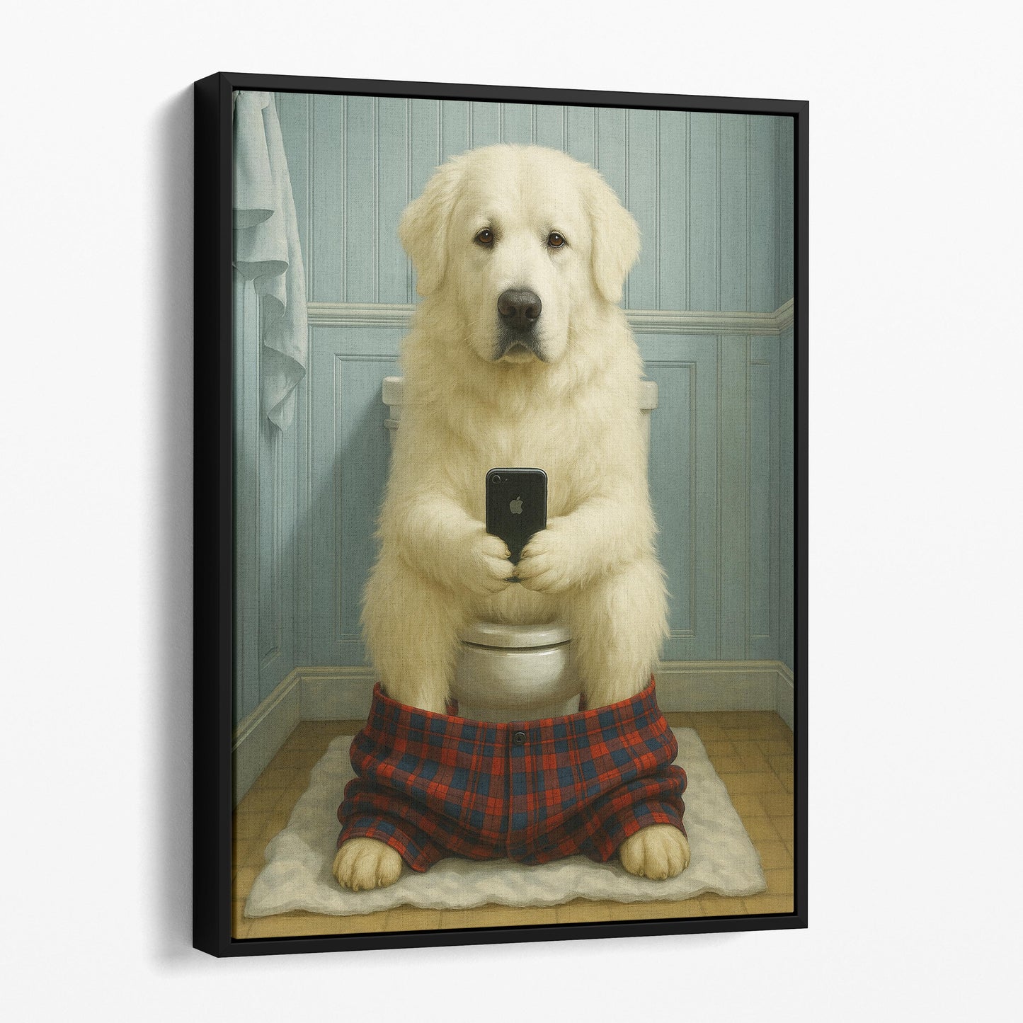 Great Pyrenees Dog On The Phone On The Toilet