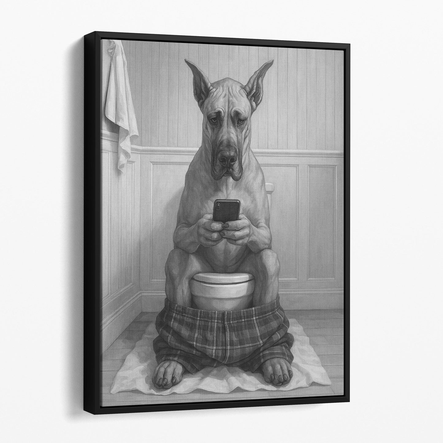 Great Dane Dog On The Phone On The Toilet