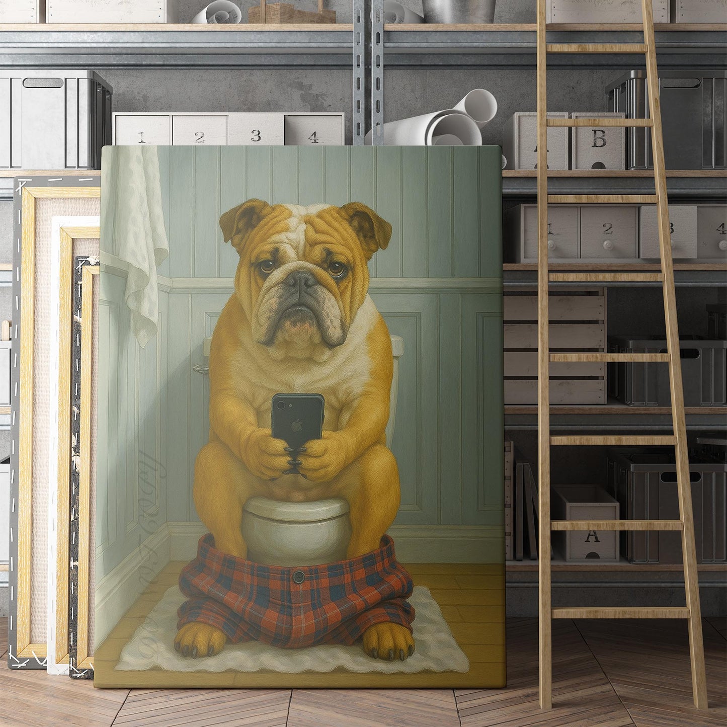 Bulldog On The Phone On The Toilet