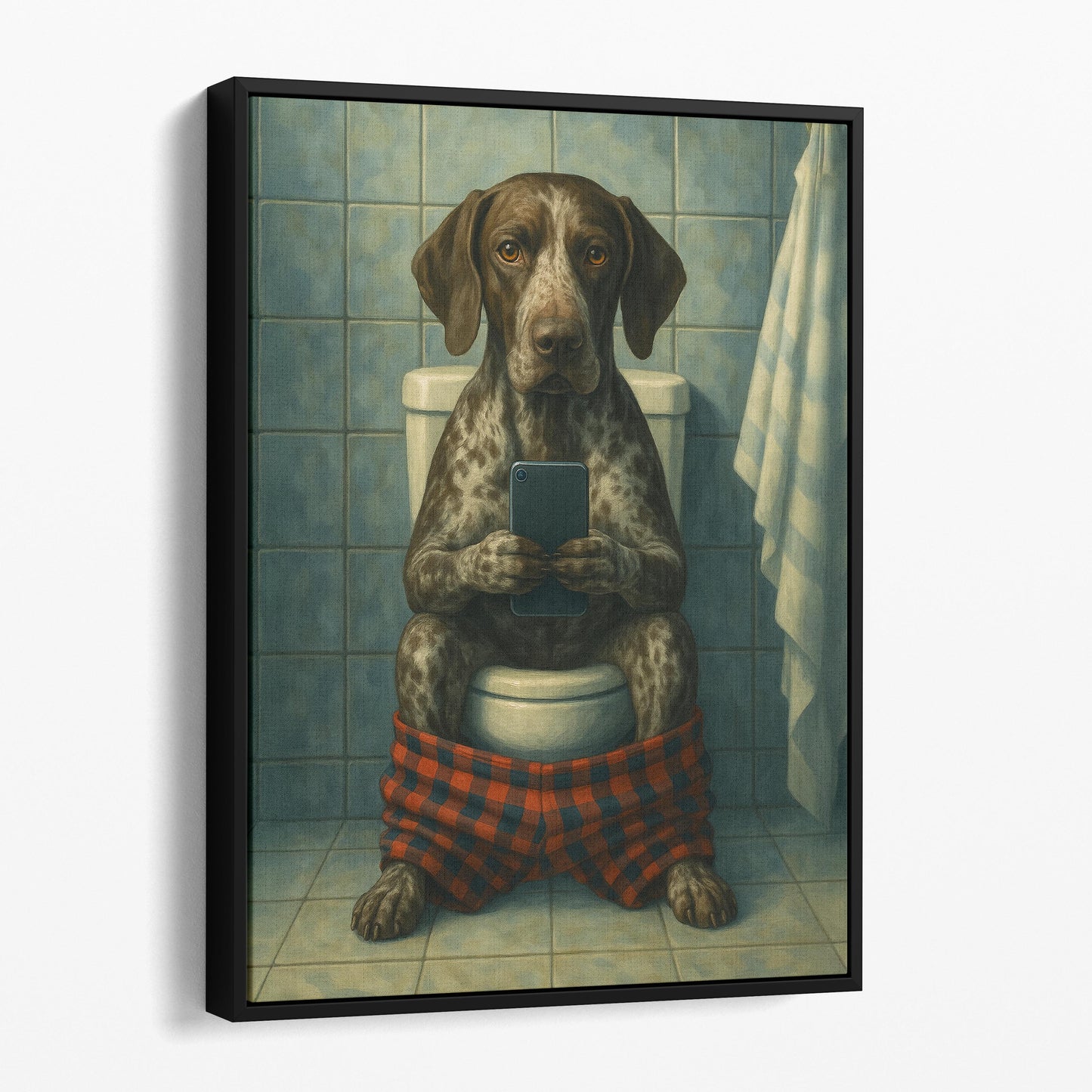 German Shorthaired Pointer On The Phone On The Toilet