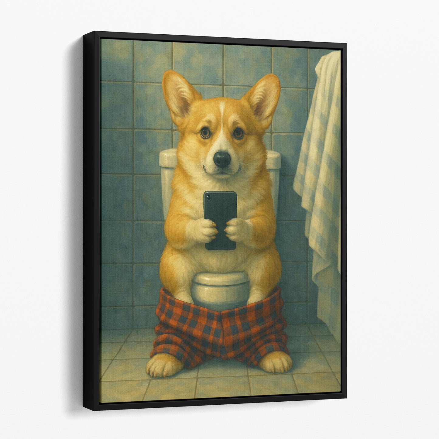 Corgi Dog On The Phone On The Toilet