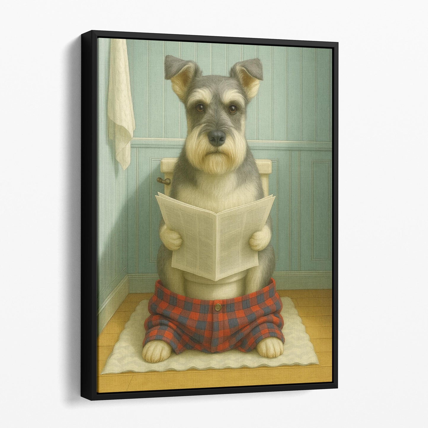 Schnauzer Dog Reading The Newspaper On The Toilet